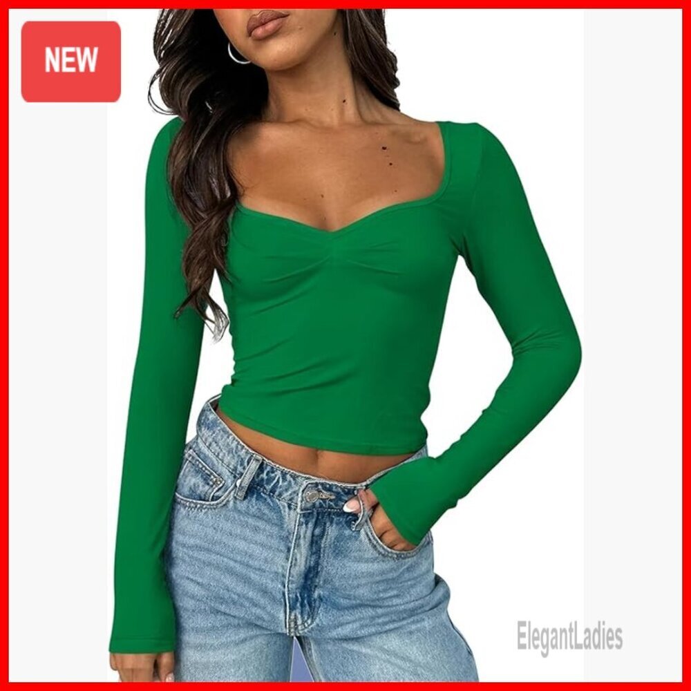 Long Sleeve Sweetheart Neck Crop Top Y2K Pleated Bustier Shirt
